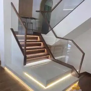 玻璃楼梯扶手护栏家用别墅栏杆复式阁楼室内实木整体楼梯踏步定制