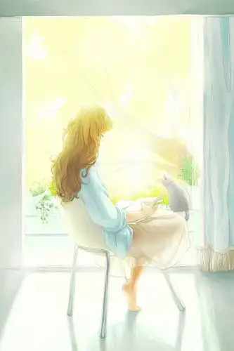 一个人,坐,竖图,插画,数码,科技,窗户,窗帘,猫,椅子,日光,仅一个年轻