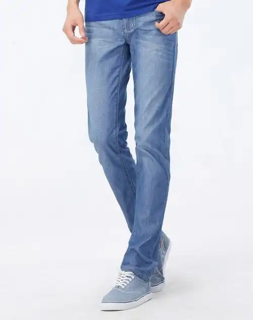 中蓝色摩登猫须轻薄窄脚牛仔裤