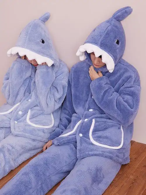 鲨鱼情侣款睡衣冬季新款加厚家居服套装