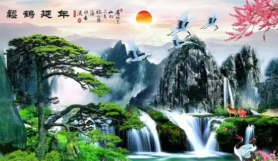 八方聚财风景山水飞鹤迎客松背景图片