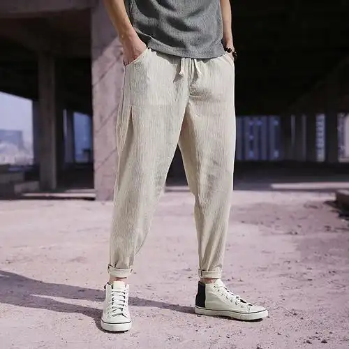 亚麻休闲裤宽松裤束脚棉麻裤男九分哈伦裤灯笼裤