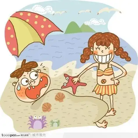 弟弟和姐姐在小岛上捡贝壳的简笔画图片人物沙滩简笔画