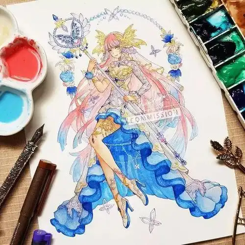 华丽水彩动漫手绘洛丽塔服饰宫廷装扮太美了水彩动漫人物