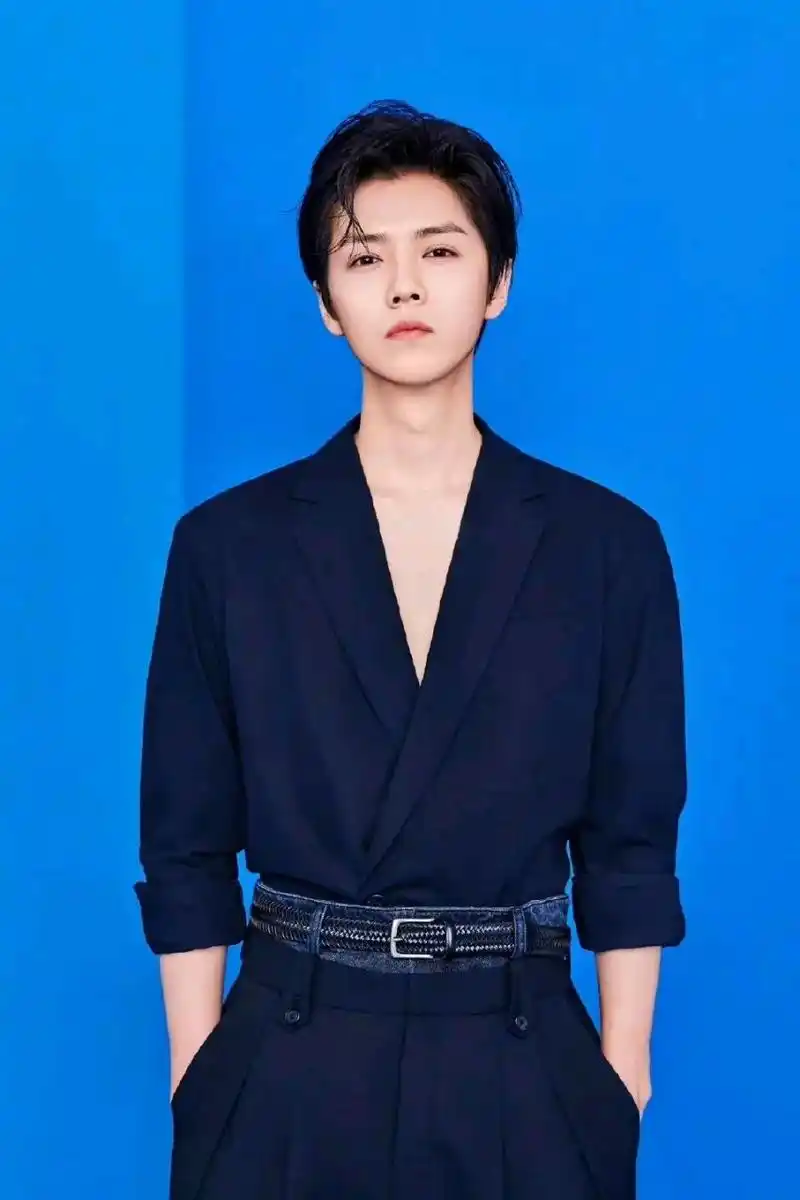 鹿晗身穿黑色深v西装浪漫优雅搭配黑色腰带勾勒出黄金比例,侧颜杀凸显