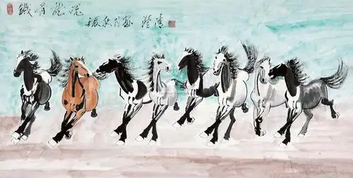 03872012年作八骏图镜片设色纸本