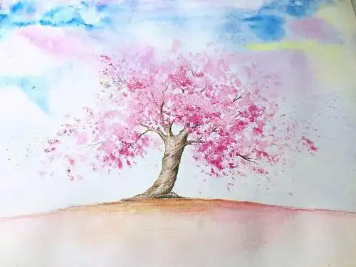如何快速画一颗樱花树,水溶彩铅教程