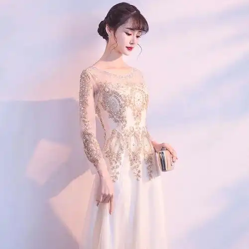 宴会金色晚礼服裙女新款端庄大气长袖公司年会礼服裙修身长款