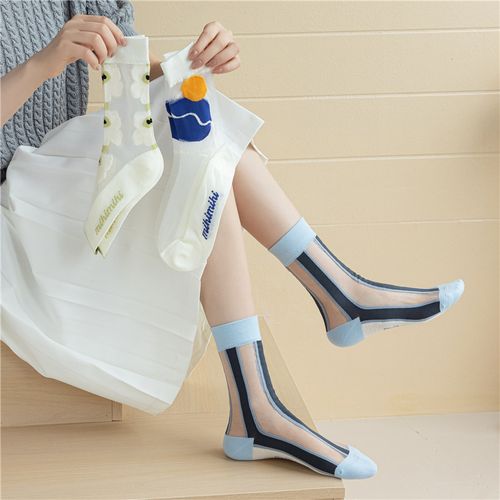 夏季薄款网眼玻璃丝袜子女中筒袜甜美少女可爱潮流外穿水晶凉鞋袜