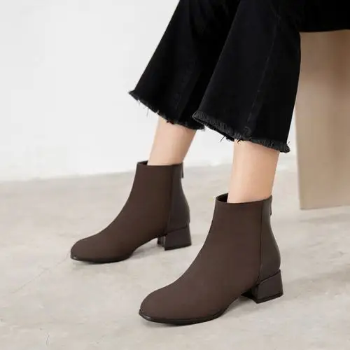 靴子女裸靴马丁短靴中粗跟方头拉链黑棕色pu皮绒面女士春秋冬季鞋