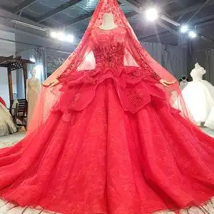 2022春季新款中式红色圆领长袖性感蕾丝拖尾穆斯林婚纱定制主婚纱