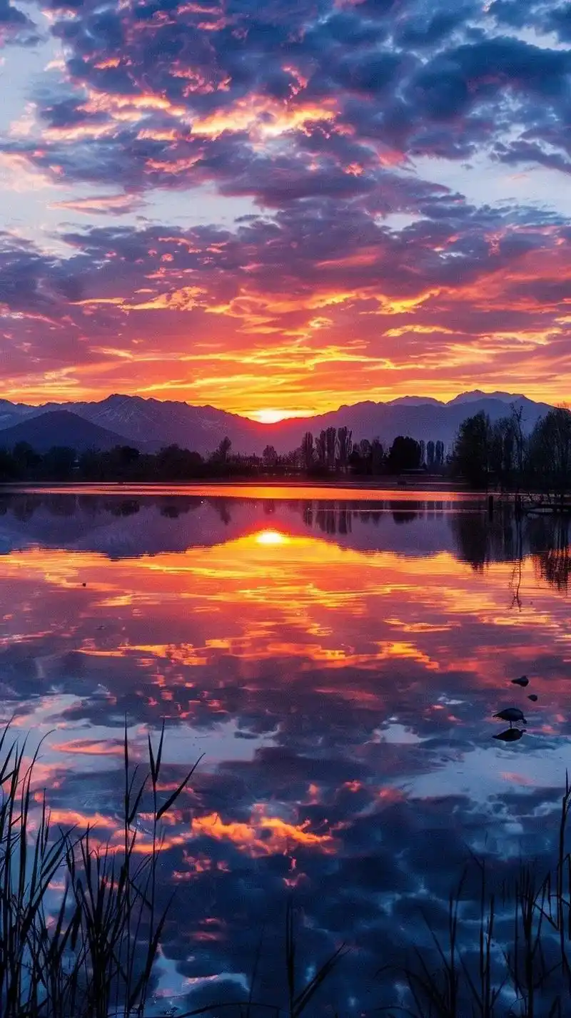 一幅壮丽的夕阳西下美景,天空被染成橙色,粉红色和紫色的渐变色彩