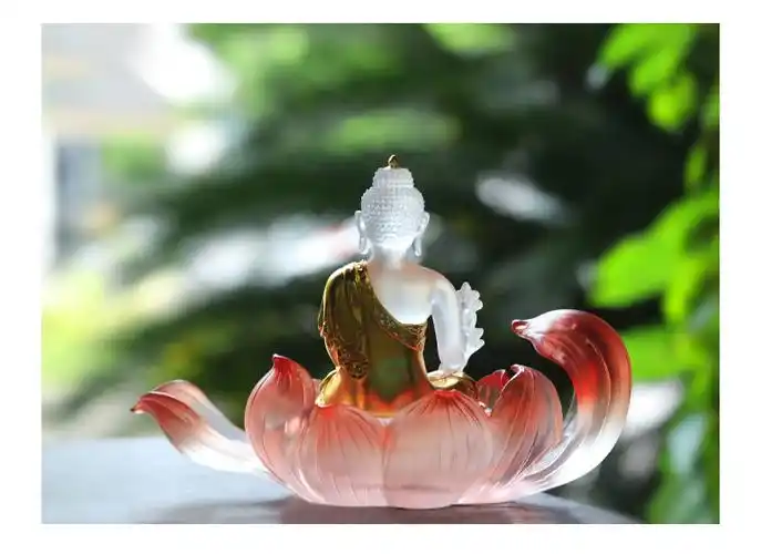 茗琉璃精舍琉璃摆件 佛像5寸贴金药师佛莲花烛台佛龛莲花座佛供佛座