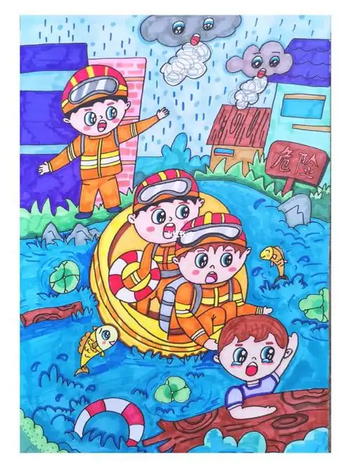 儿童画抗洪救灾防震减灾绘画