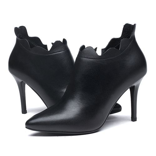 红蜻蜓高跟短靴女春秋牛皮尖头细跟踝靴单鞋黑色职业工作鞋低筒女靴红