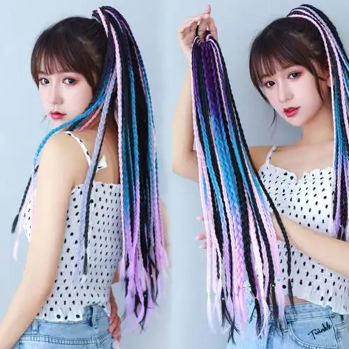 深紫色渐变[8根] 辫子假发女长发彩色小辫子嘻哈麻花渐变色民族风三股