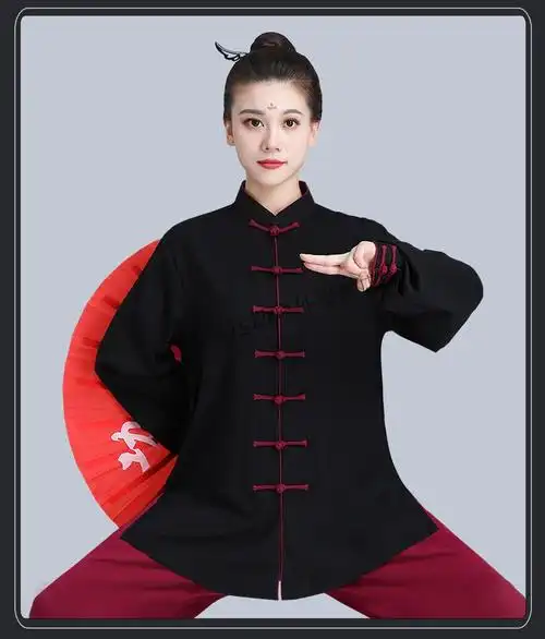 服女男装时尚高端武术棉麻太极拳表演练功服装收袖口中长款酒红套装s
