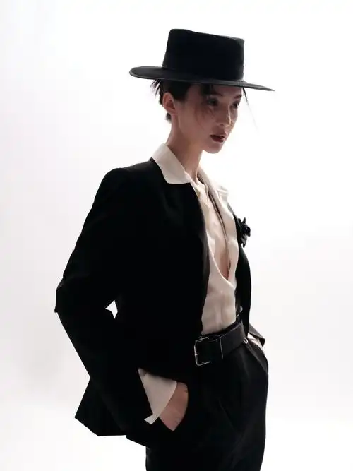 金晨复古时尚大片演绎独立女性风造型西装礼帽英姿飒爽