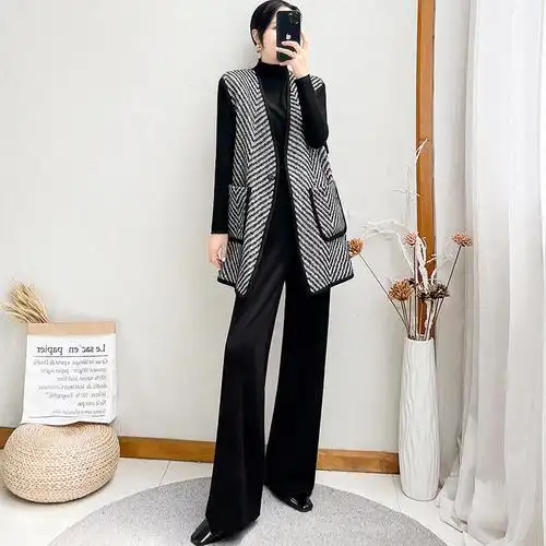 2021新款女装秋季粗花呢羊毛马甲女撞色背心小香风无袖毛呢外套潮