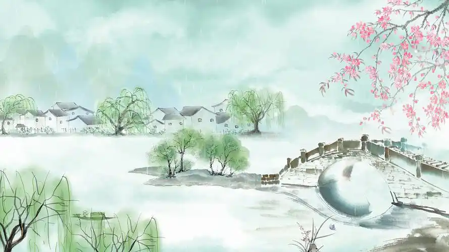 桃花春分春天4k中国风水墨山水春天雨水视频背景水墨背景