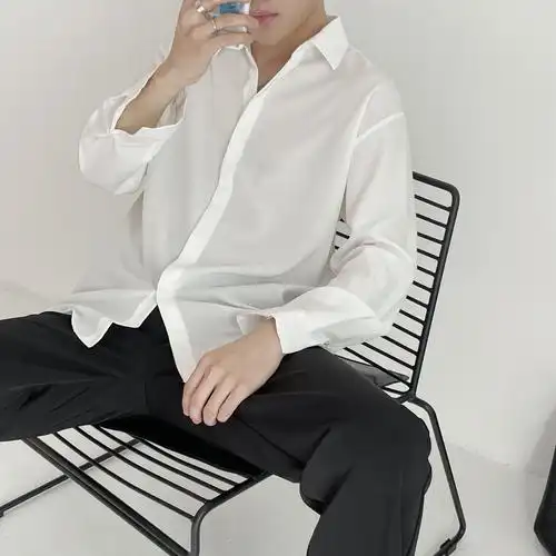 禁欲垂感坠感百搭黑白衬衫男长袖韩版宽松潮流帅气冰丝雪纺衬衣男墨