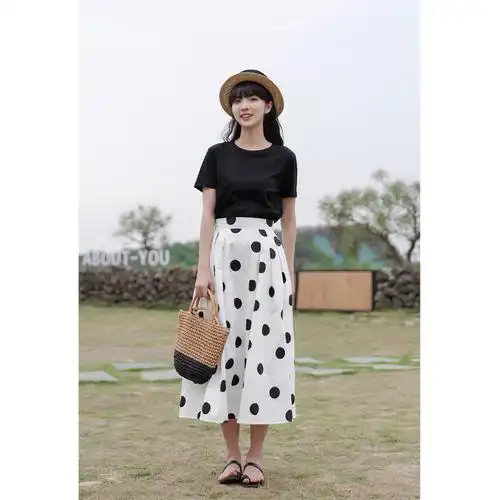 鹿向南白色波点半身裙女高腰显瘦今年流行裙子中长款a字裙子夏季