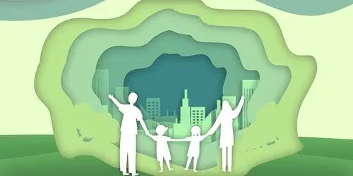 绿色简约一家四口剪影城市剪影世界人口日展板背景世界人口日背景