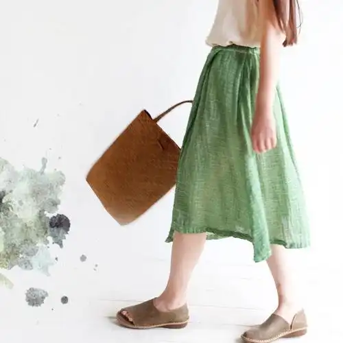 花暖 文艺简约做旧粗布松紧腰不规则设计百搭半身裙棉麻半裙15107