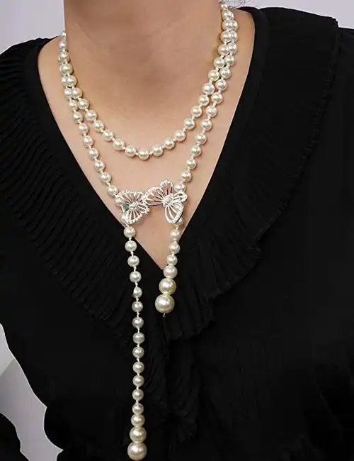 jumwrit 长珍珠项链分层珍珠颈链水钻蝴蝶吊坠项链珍珠链项链复古圆形