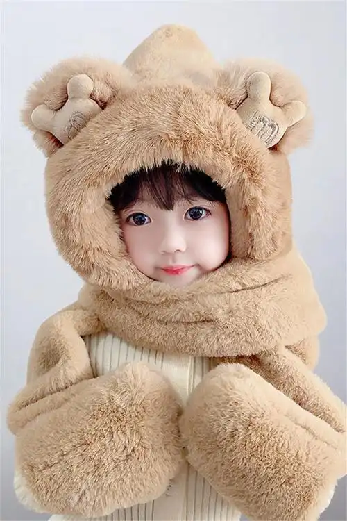 宝宝帽子秋冬季围巾手套一体帽男女童可爱萌加绒护耳帽儿童套头帽