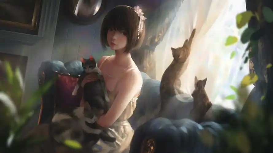 女孩子短发猫房间4k唯美动漫壁纸壁纸