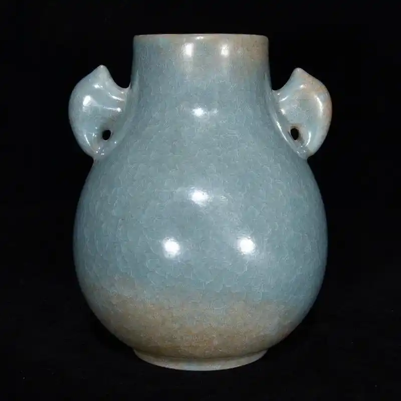 北宋天蓝釉梅花冰片土沁双鹿耳官汝窑赏尊