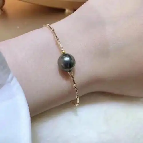 经典大溪地黑珍珠手链10mm左右强光微瑕18k金材质长度16772厘米性价