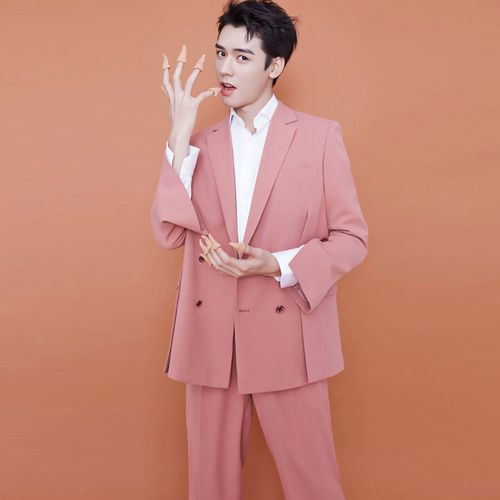 龚俊明星网红同款粉色宽松走秀中性时尚艺考双排扣男西服套装1052
