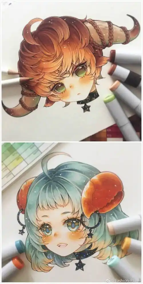 画师min十二星座系列马克笔手绘金牛座巨蟹座