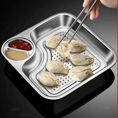 沥水饺子盘食品级304不锈钢盘双层饺子盘子带醋碟盘子商用家用