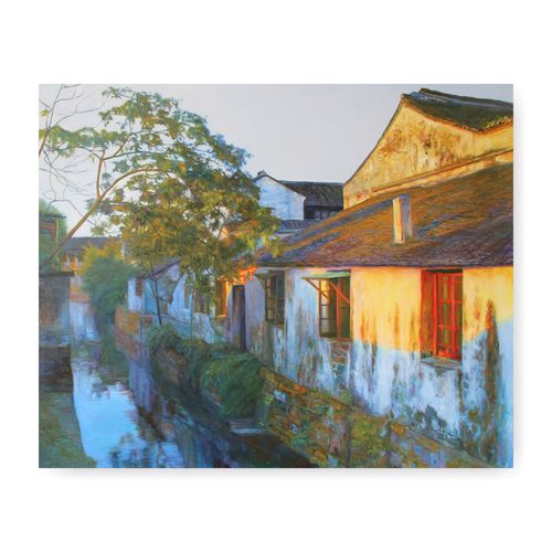 江南水乡风景油画系列《炊烟柳渡》