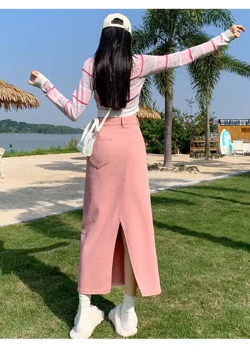 实拍粉色开叉牛仔半身裙女2024春夏新款高腰a字中长款辣妹包臀… - 17