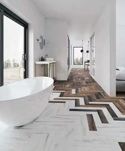 很有意思的地板拼花设计瓷砖与木地板的撞色鱼骨拼接