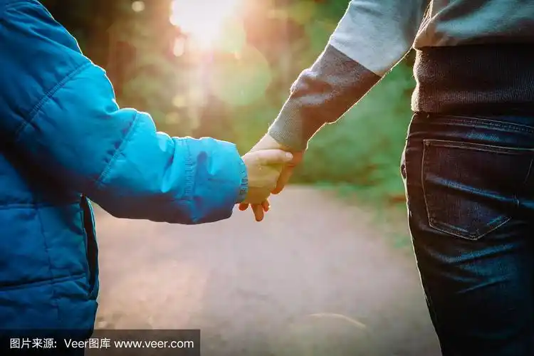 母亲和儿子手牵着手在夕阳的自然