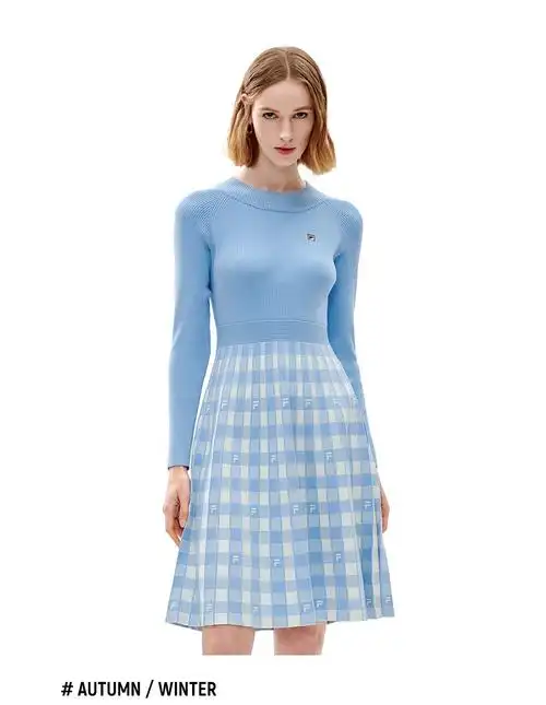 fila斐乐官方女子连衣裙2021春季新款针织显瘦优雅连衣裙吊钟蓝lb180