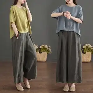 棉麻套装女夏季民族风女装文艺复古休闲宽松上衣亚麻阔腿裤两件套