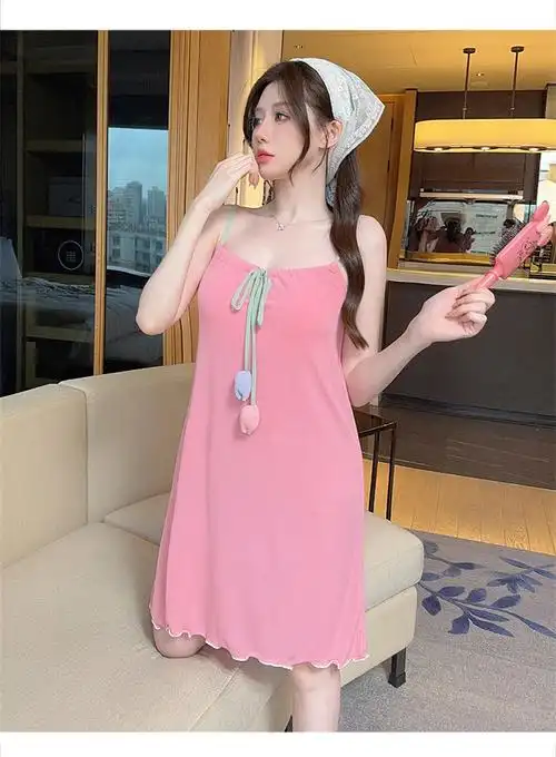 新款凉爽冰丝罗纹可拆胸垫吊带蝴蝶结睡裙睡衣少女夏季甜美家居服