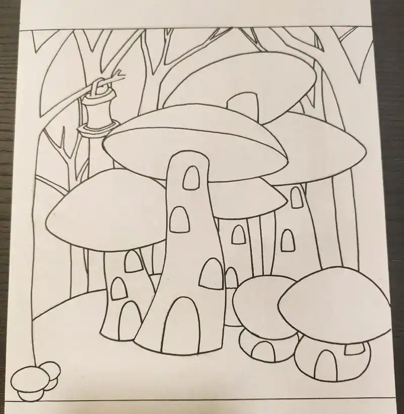 森林里的蘑菇屋#儿童画创意画 #儿童画 #线描 #黑白画  - 抖音