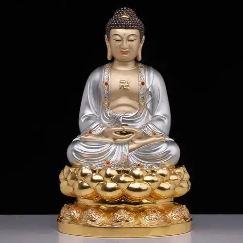 释迦银彩镶宝摩尼佛像纯铜三宝阿弥陀佛铜像家用摆件