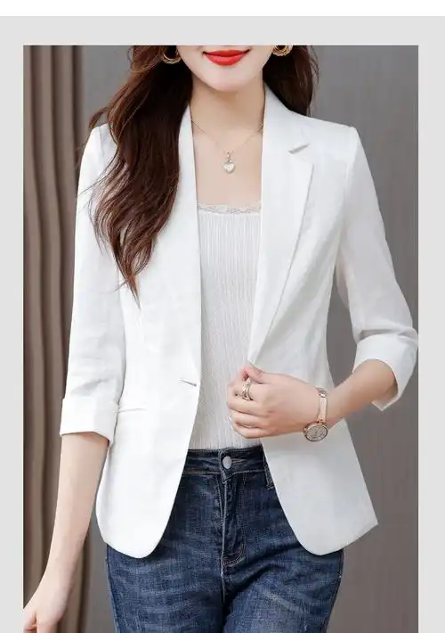 白色小西装外套女夏季薄款2024新款七分袖小个子休闲亚麻西服夏款