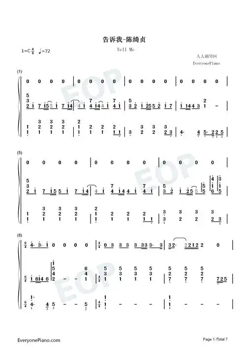 告诉我-陈绮贞双手简谱预览1