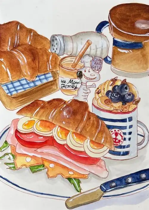 水彩可颂三明治步骤图