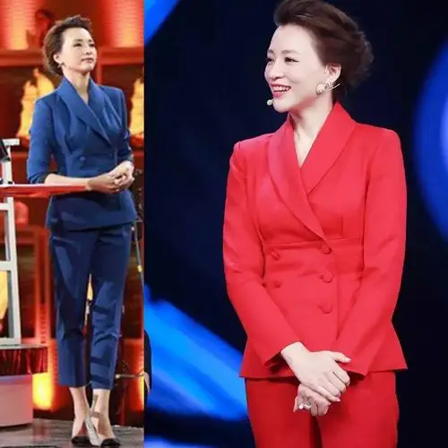 2018秋冬朗读者董卿同款红色九分裤西装时尚职业套装双排扣两件套