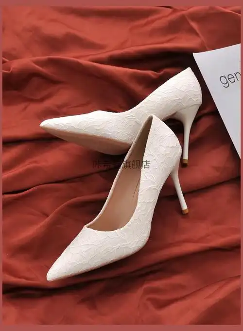 晚礼服高跟鞋 宴会白色高跟鞋女细跟2022年新款配婚纱伴娘蕾丝婚鞋女